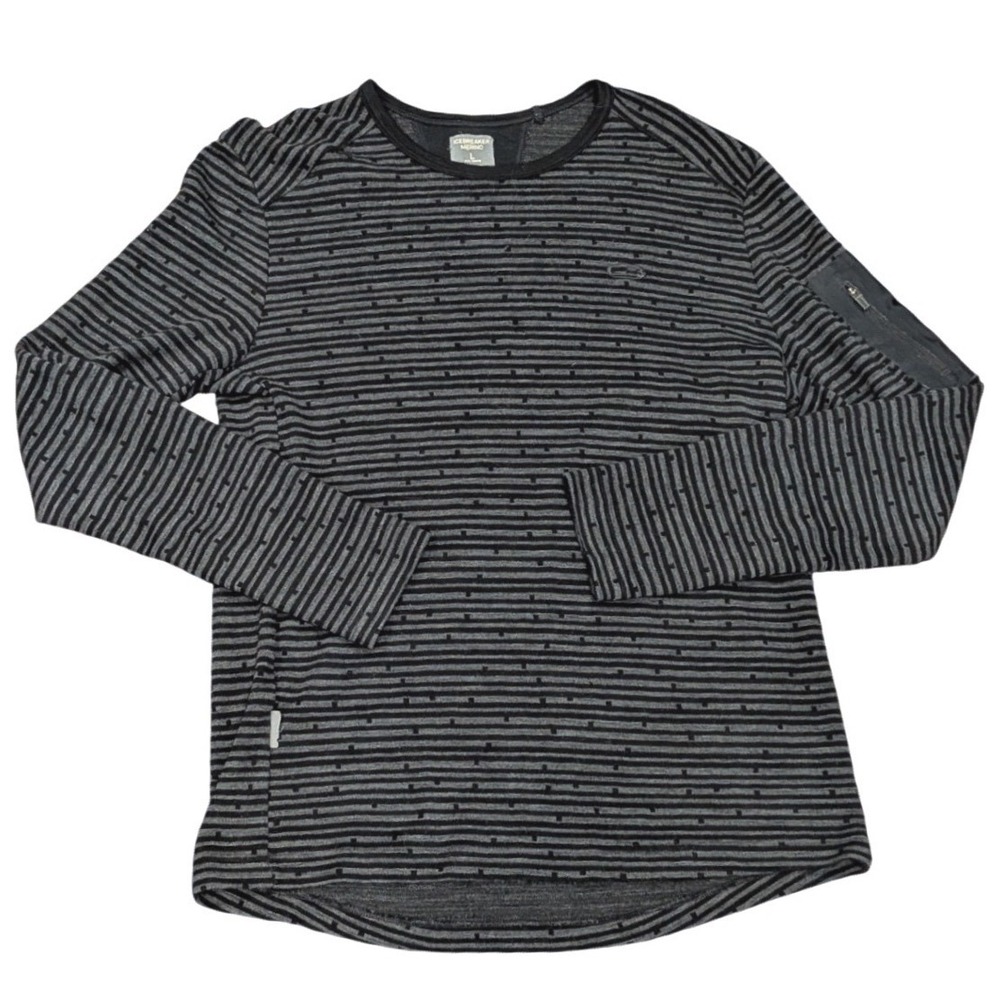 ICEBREAKER Merino Wool Mens L Blk/Grey Stripe Long Sleeve Base Layer Top Sweater